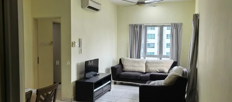 Living features: 2-seater fabric sofa in dark grey, 3-seater fabric sofa in light grey, coffee table, wall-mounted TV, TV console, floor-to-ceiling window, curtains, 5-blade ceiling fan with light, wall-mounted split AC, tile flooring, light yellow painted walls; style: contemporary; view: city.