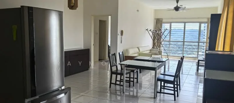 Living features: white painted walls, ceramic tile flooring, 5-blade ceiling fan, floor-to-ceiling windows, curtains, light-colored sofa, glass dining table, black dining chairs, stainless-steel fridge, dark wood sideboard, folding clothes drying rack; style: modern; view: city.