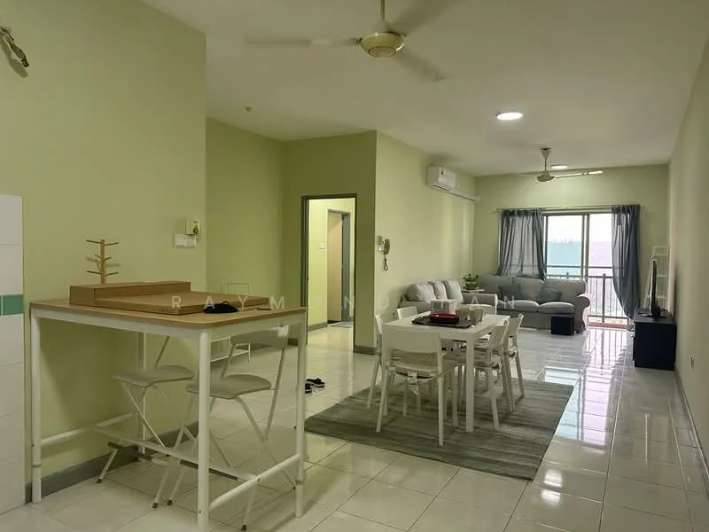 Living features: light green painted walls, white tiled flooring, 5-blade ceiling fan with light, sofa in grey, coffee table, TV console, wall-mounted TV, area rug, floor-to-ceiling windows with curtains, dining table with white chairs, open-plan layout; style: modern; view: city. Dining features: dining table with white chairs, open shelving, light green painted walls, white tiled flooring; style: modern.