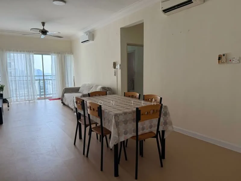 Dining features: 6-seater dining table, black dining chairs, light-colored tablecloth, wall-mounted split AC, ceiling fan, floor-to-ceiling windows, sliding glass door, beige walls, light-colored flooring, sofa in living area visible, curtains, open layout; style: modern; view: city.