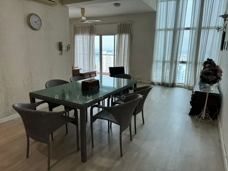 Dining features: glass dining table, 6 upholstered dining chairs, floor-to-ceiling windows, city view, light-colored wooden flooring, wall-mounted clock, decorative side table, curtains, ceiling fan; style: modern; view: city.