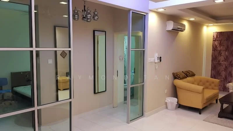 Living features: cream painted walls, white tiled flooring, recessed downlights, 5-blade ceiling fan, sofa in yellow fabric, coffee table, wall-mounted air conditioning unit, decorative wall with floral pattern; style: modern. Room features: glass partition, mirror, doorway leading to bathroom, blue chair, bed visible in adjacent room.