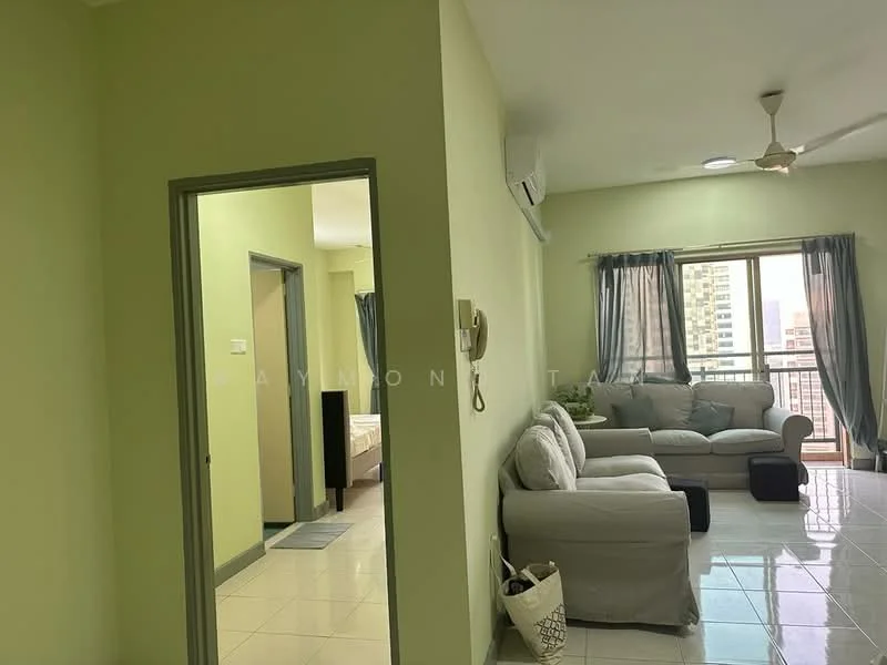 Living features: light green painted walls, white tiled flooring, 3-seater fabric sofa in light grey, ceiling fan, floor-to-ceiling windows with sheer curtains, coffee table, area rug, wall-mounted air conditioning unit; style: modern; view: city. Room features: light green painted walls, white tiled flooring.