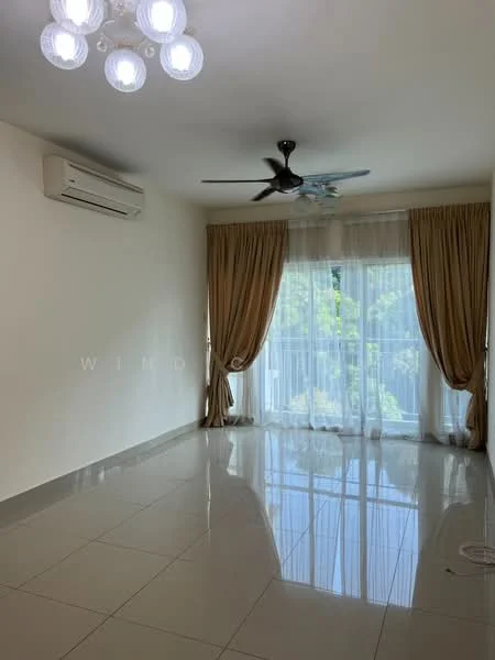 Living features: white painted walls, glossy ceramic tile flooring, 5-blade ceiling fan with light, recessed downlights, floor-to-ceiling windows, sheer curtains, cream curtain drapes, wall-mounted split AC; style: modern; view: garden.