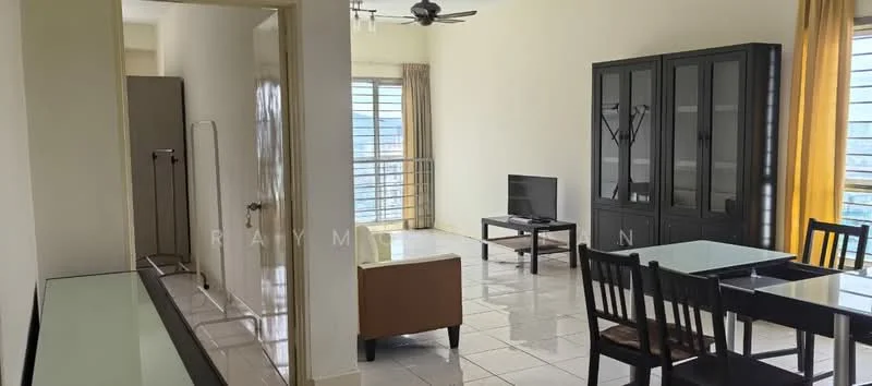 Living features: floor-to-ceiling windows, light yellow curtains, 3-blade ceiling fan, wall-mounted TV, coffee table, 2-seater fabric sofa in beige, dining table with 4 chairs, glass-top dining table, tile flooring, neutral painted walls, decorative shelving unit; style: modern; view: city. Room features: open layout, natural light, neutral color palette.