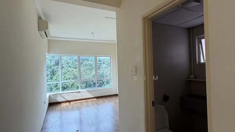 Room features: wooden flooring, large floor-to-ceiling windows, white painted walls, air conditioning unit, natural light from windows, view of greenery, neutral ceiling, unknown bathroom area with sink; view: garden.