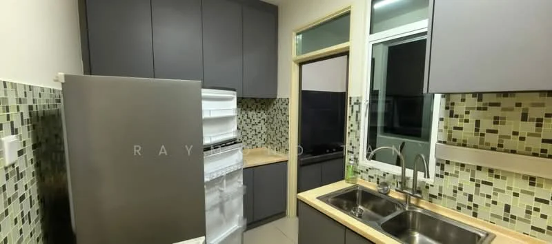 Kitchen features: grey cabinetry, stainless-steel fridge, double-bowl stainless-steel sink, chrome pull-down faucet, laminate countertop, mosaic tile backsplash, built-in oven, 4-burner gas hob, window with view to outside, light-colored flooring, recessed lighting; style: modern.