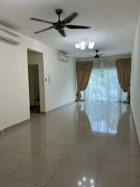 Living features: glossy tile flooring, white painted walls, tray ceiling with chandelier, 2 ceiling fans, floor-to-ceiling windows, sheer curtains, curtains in beige, air conditioning unit on wall; style: modern; view: garden.