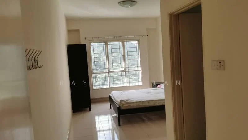 Bedroom features: queen-size bed, white walls, large windows with grid pattern, black wooden wardrobe, tile flooring, ceiling light fixture, curtains, wall hooks.
