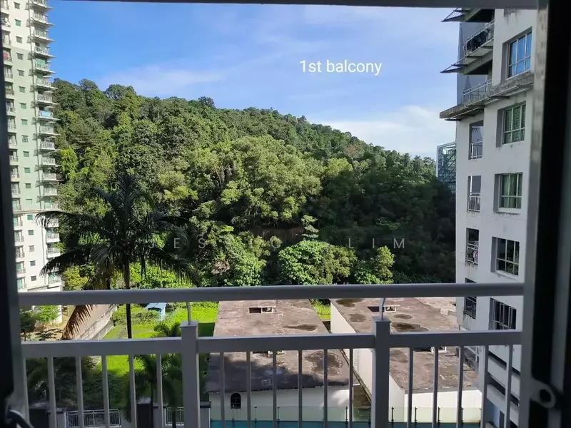 Room features: balcony with railing, view of greenery, floor-to-ceiling windows, concrete flooring, sunlight streaming in, surrounding buildings visible; view: garden.