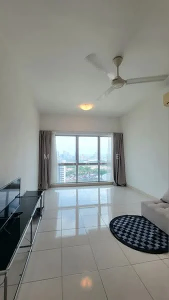 Living features: white painted walls, glossy ceramic tile flooring, 5-blade ceiling fan with light, floor-to-ceiling windows, sheer curtains, black and white area rug, TV console, sofa, natural light, city view; style: modern; view: city.