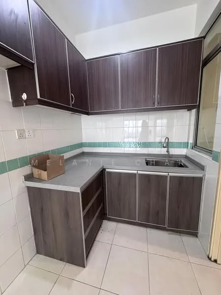 Kitchen features: dark wood cabinetry, grey laminate countertop, single-bowl stainless-steel sink, chrome pull-down faucet, white tiled backsplash, white tiled walls, light-colored floor tiles, open shelving, window with view, corner cabinet; style: modern.