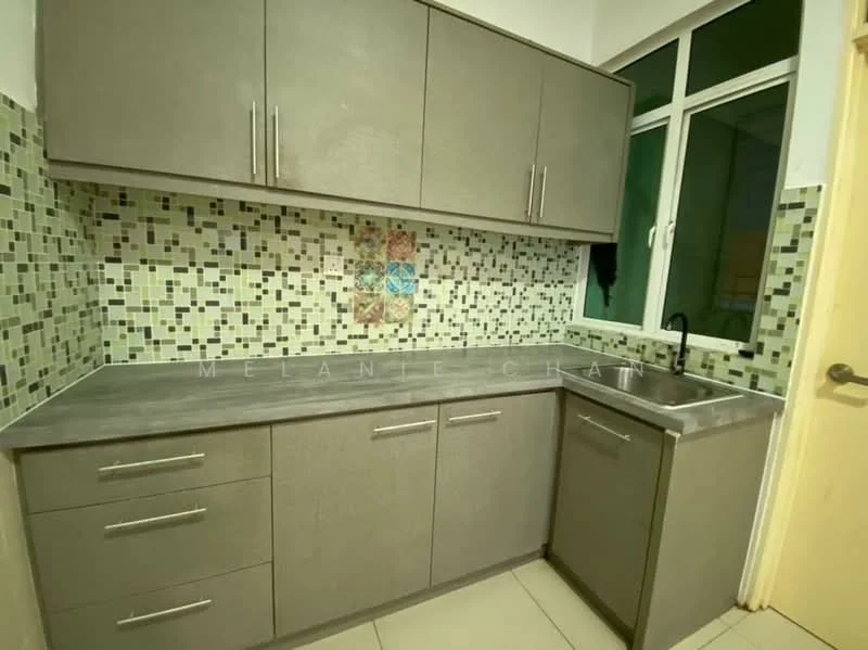 Kitchen features: grey cabinetry with flat-panel doors, stainless-steel sink, chrome pull-down faucet, grey countertop, mosaic tile backsplash with green and beige accents, four upper cabinets, three lower cabinets, tile flooring, window with green view, under-cabinet lighting; style: modern.