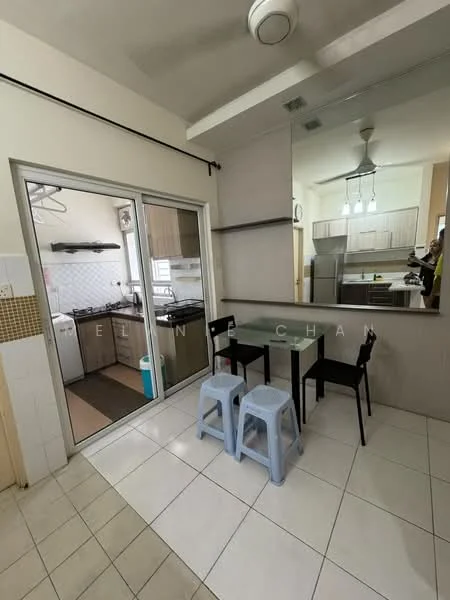Kitchen features: white tiled flooring, grey cabinetry, black countertop, stainless-steel sink, chrome pull-down faucet, built-in oven, freestanding range oven, white backsplash with tile pattern, recessed downlights, floor-to-ceiling windows, sliding glass door, dining table with black chairs, two plastic stools; style: modern.