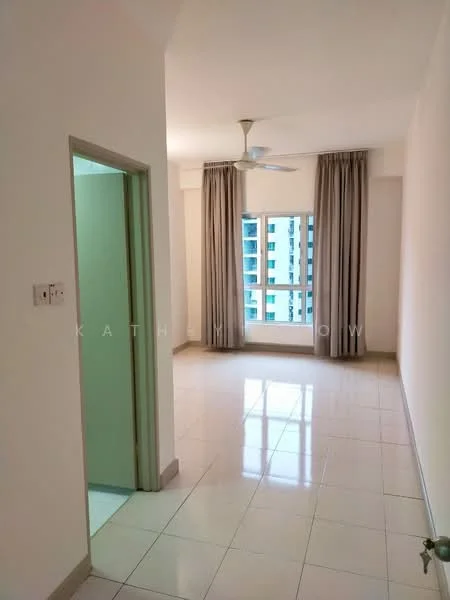 Room features: white painted walls, glossy ceramic tile flooring, 5-blade ceiling fan, floor-to-ceiling window, curtains, doorway to adjacent room, natural light from window; style: modern; view: city.