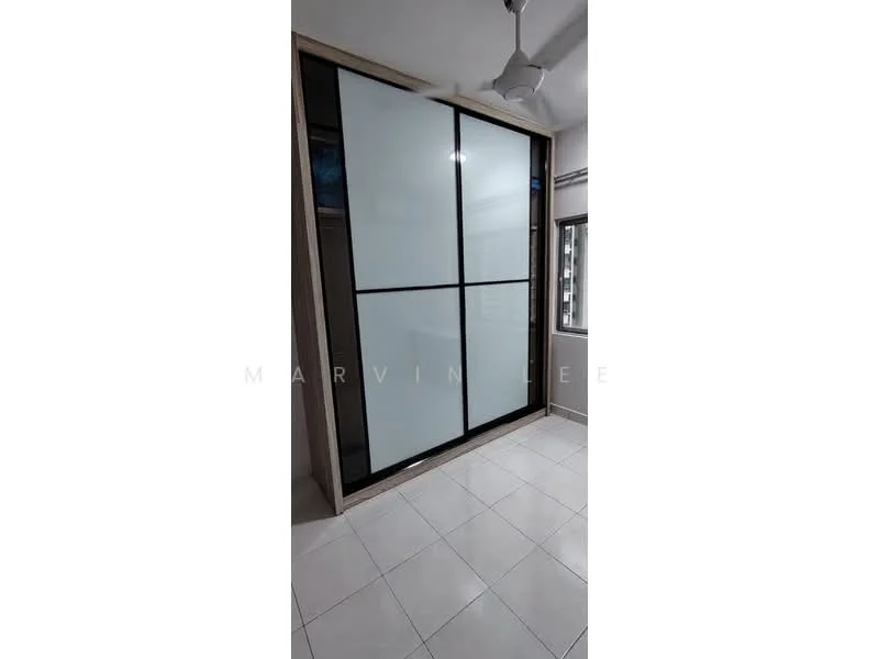 Room features: built-in wardrobe with sliding doors, frosted glass panels, black frame, white tiled flooring, ceiling fan, neutral wall color; style: modern.