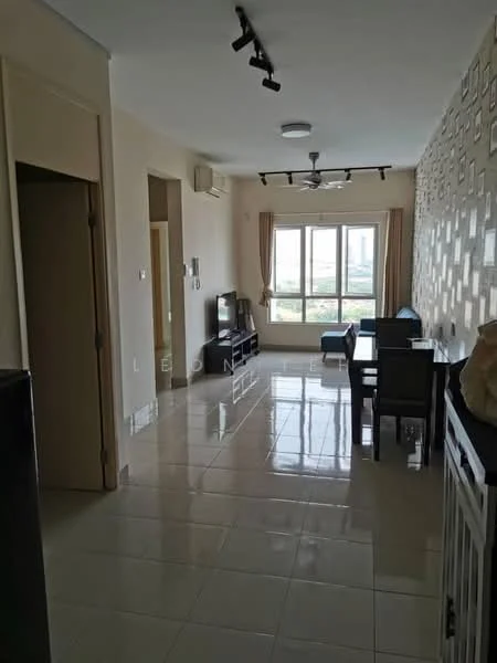 Living features: glossy tile flooring, cream painted walls, recessed downlights, 5-blade ceiling fan, floor-to-ceiling windows, curtains, TV console, wall-mounted TV, dining table with chairs, decorative wall with photo frames, sofa, side table; style: modern; view: city.