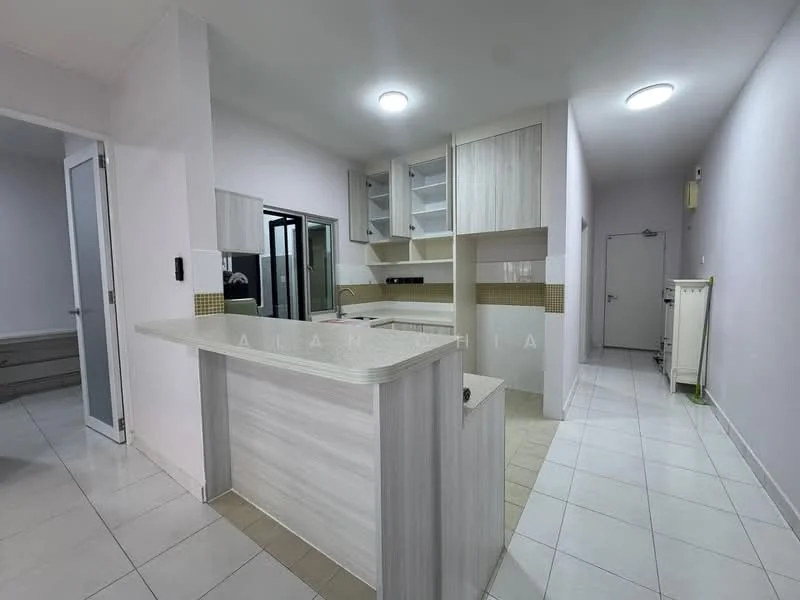 Kitchen features: white laminate cabinetry, light grey countertop, single-bowl stainless-steel sink, chrome pull-down faucet, built-in oven, ceramic tile backsplash, open shelving, recessed downlights, white tiled flooring, wall-mounted cabinets, glass window, door to adjacent room; style: modern. Room features: white painted walls, white tiled flooring, doorway to hallway.
