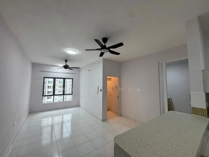 Living features: white painted walls, glossy white tile flooring, 2 ceiling fans, large window with city view, recessed ceiling lights, open layout, neutral color scheme, doorway leading to bathroom; style: modern; view: city.