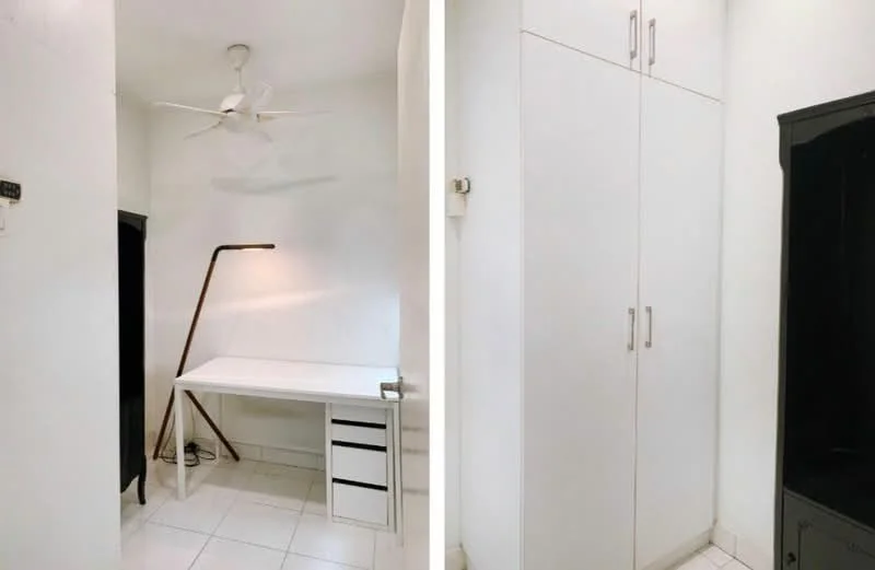 Study features: white painted walls, white tiled flooring, 5-blade ceiling fan, desk with drawers, floor lamp, built-in wardrobe, white cabinetry; style: minimalist.