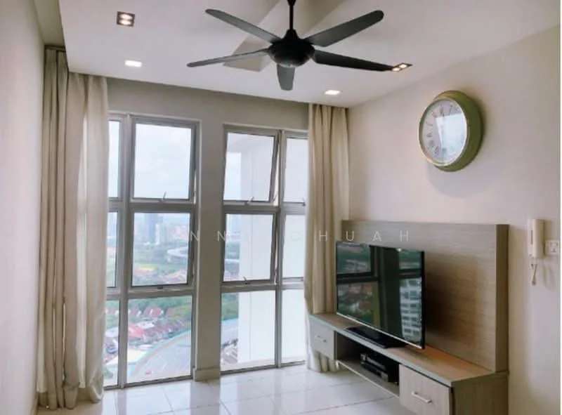 Living features: floor-to-ceiling windows, white painted walls, recessed downlights, 5-blade ceiling fan, TV console, wall-mounted TV, light-colored cabinetry, clock on wall, curtains, glossy tile flooring; style: modern; view: city.