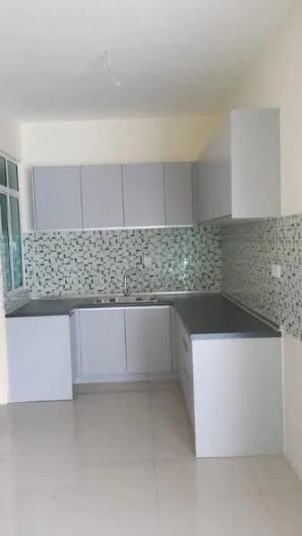 Kitchen features: grey cabinetry, mosaic tile backsplash, stainless-steel sink, single-bowl stainless-steel sink, chrome pull-down faucet, grey countertop, ceramic tile flooring, large windows for natural light; style: modern.