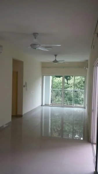 Living features: white painted walls, polished tile flooring, 2 ceiling fans, large sliding glass door, floor-to-ceiling windows, natural light from windows, view of greenery, neutral color scheme; style: modern; view: garden.