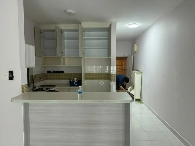 Kitchen features: white shaker cabinets, granite countertop, single-bowl stainless-steel sink, chrome pull-down faucet, built-in stove, tile backsplash, recessed downlights, open shelving, white walls, ceramic tile flooring; style: modern. Room features: white walls, ceramic tile flooring, doorway leading to another room.