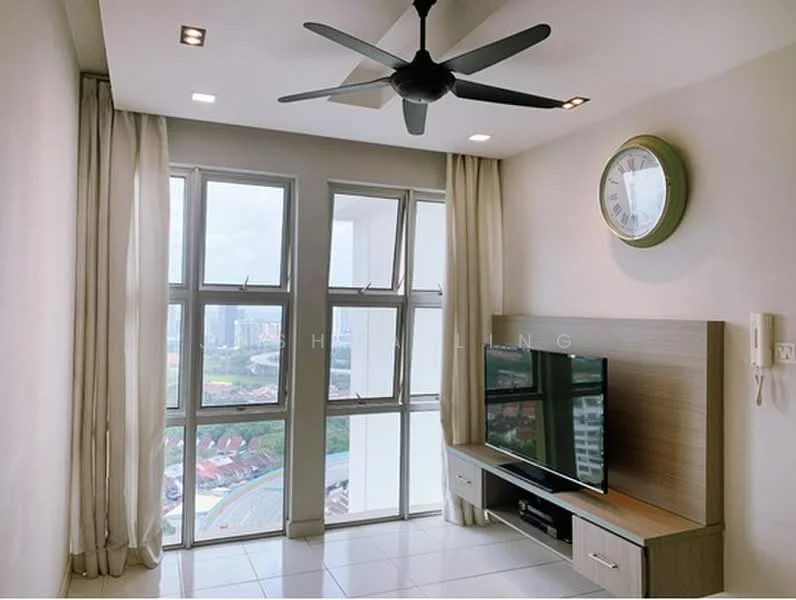 Living features: floor-to-ceiling windows, white painted walls, polished ceramic tile flooring, 5-blade ceiling fan with light, wall-mounted TV, wooden TV console, decorative wall clock, sheer curtains; style: modern; view: city.