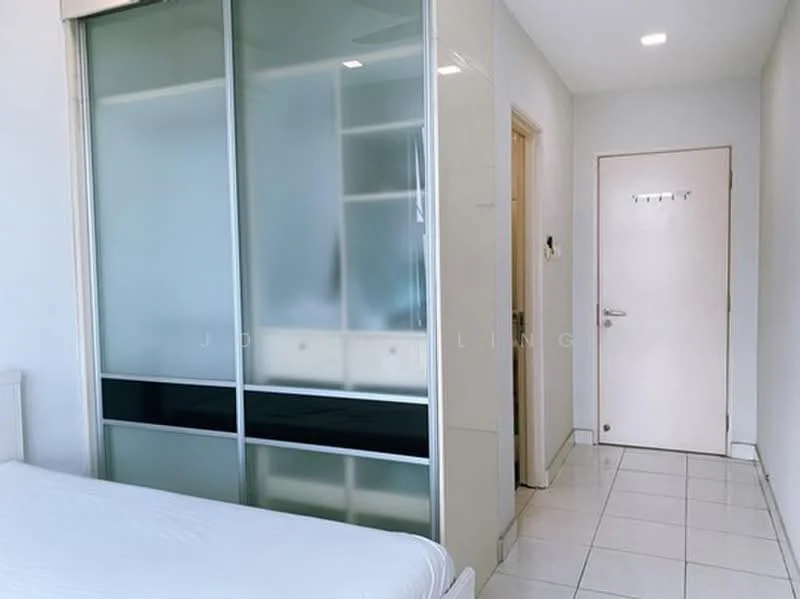 Room features: white walls, glossy white cabinetry, sliding glass wardrobe doors, tile flooring, neutral color door, recessed lighting, built-in shelving, door with handle; style: modern.