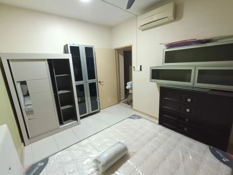 Bedroom features: white painted walls, tile flooring, ceiling fan, built-in wardrobe with mirrored doors, glass-front cabinet, dark wood dresser, queen-size mattress on bed frame, air conditioning unit.