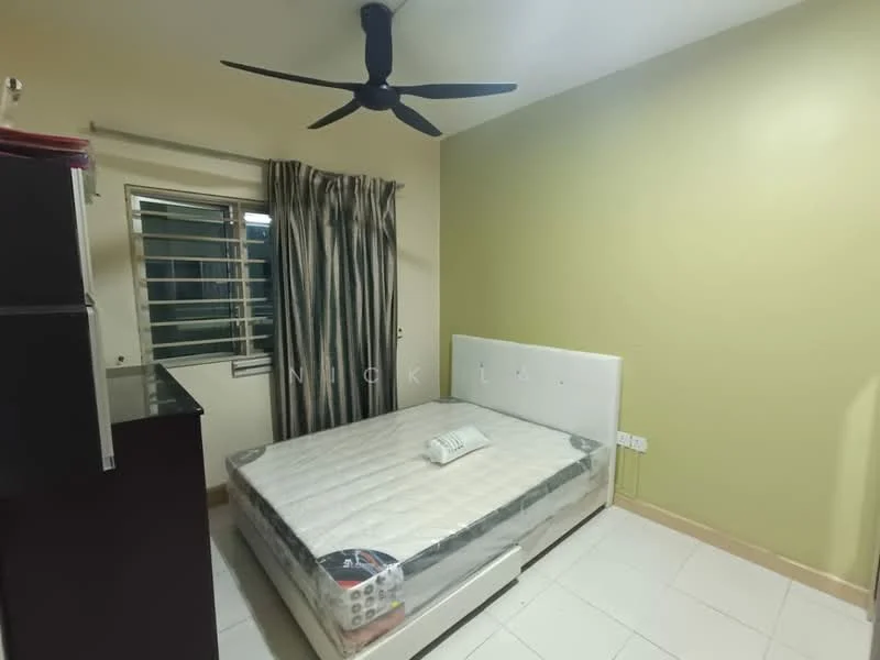 Bedroom features: queen-size bed, upholstered headboard, striped curtains, ceiling fan, white walls, green accent wall, tile flooring, built-in wardrobe, window with security bars, bedside table, mattress with bed cover; style: modern.