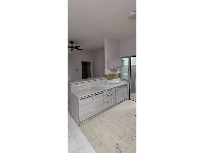 Kitchen features: white cabinetry with silver handles, marble countertop, built-in oven, stainless-steel sink, chrome pull-down faucet, tile backsplash, ceramic tile flooring, 5-blade ceiling fan, sliding glass door, window with sheer curtains; style: modern.