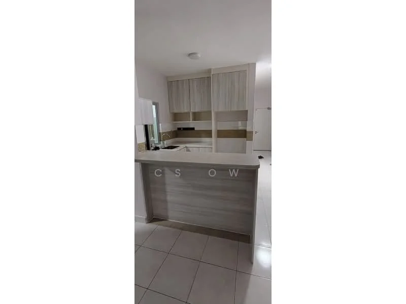 Kitchen features: laminate countertop, light wood cabinetry, open shelving, stainless-steel sink, chrome pull-down faucet, built-in oven, ceramic tile flooring, recessed downlights; style: modern.