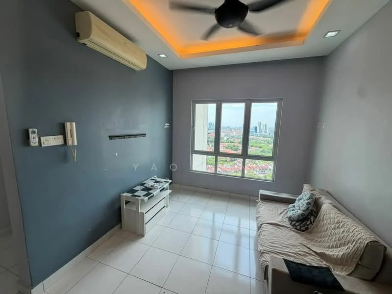 Living features: light grey painted walls, white tiled flooring, 5-blade ceiling fan with light, recessed LED downlights, large window with city view, sofa with fabric upholstery in beige, white TV console, air conditioning unit on wall, decorative ceiling with LED lighting; style: modern; view: city.