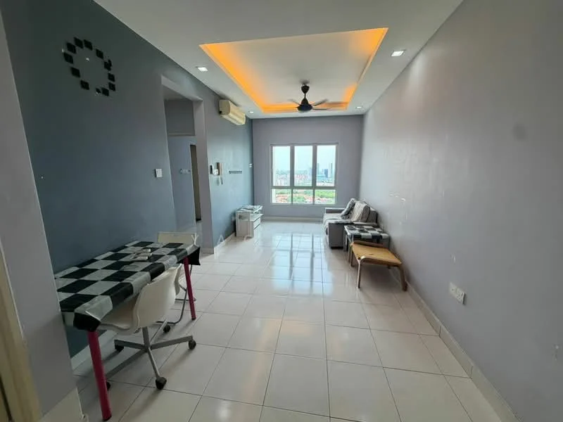 Living features: grey painted walls, white tiled flooring, tray ceiling with recessed lighting, 5-blade ceiling fan, floor-to-ceiling windows, window with city view, sofa, coffee table, dining table with checkered tablecloth, study desk with chair, air conditioning unit; style: modern; view: city.