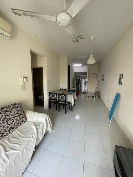 Living features: white painted walls, ceramic tile flooring, 5-blade ceiling fan, recessed downlights, sofa with patterned upholstery, dining table with four chairs, air conditioning unit, iron board, wall-mounted artwork, open layout to kitchen; style: modern.