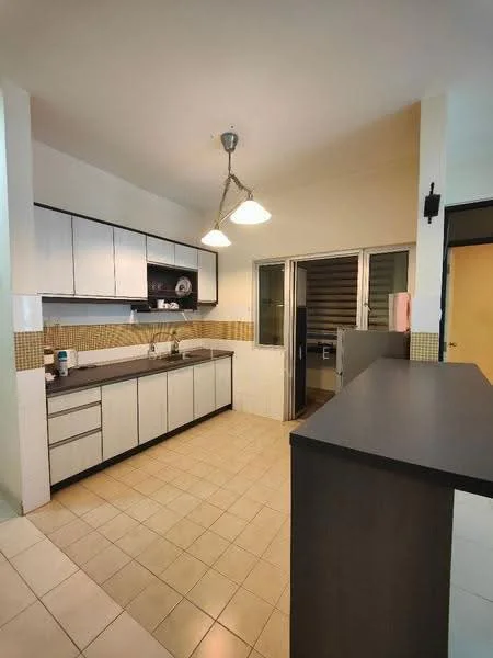 Kitchen features: white cabinetry with flat-panel doors, black countertop, single-bowl stainless-steel sink, chrome pull-down faucet, built-in oven, freestanding range oven, ceramic tile flooring, pendant lighting, window with sliding glass door, kitchen island, tile backsplash, open shelving; style: modern.