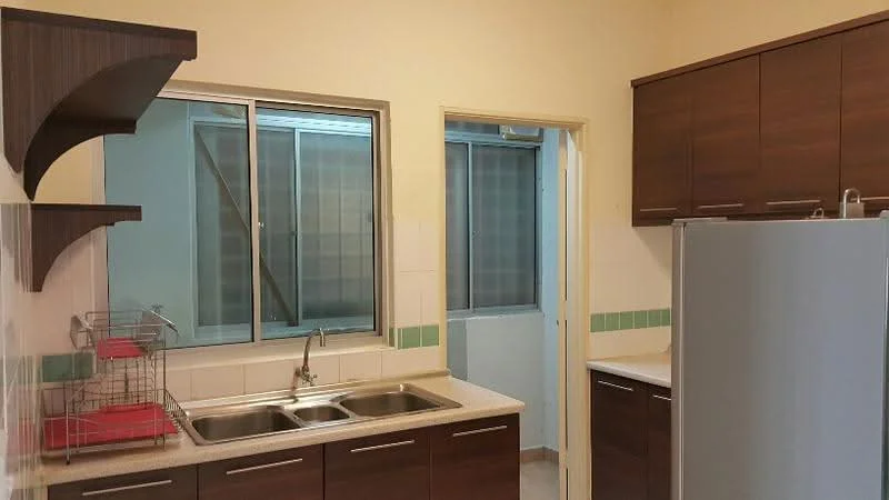 Kitchen features: double-bowl stainless-steel sink, chrome pull-down faucet, laminate countertop, dark wood cabinetry, built-in refrigerator, ceramic tile flooring, white tiled backsplash, window with sliding glass, open shelving, green accent tiles, wall-mounted cabinet; style: modern.
