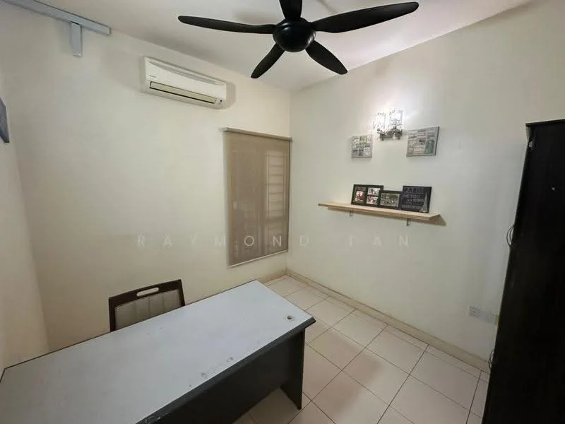 Study features: white painted walls, tile flooring, 5-blade ceiling fan, wall-mounted split AC, wooden desk, shelf with decorative items, window with blinds, framed artwork on walls; style: modern.