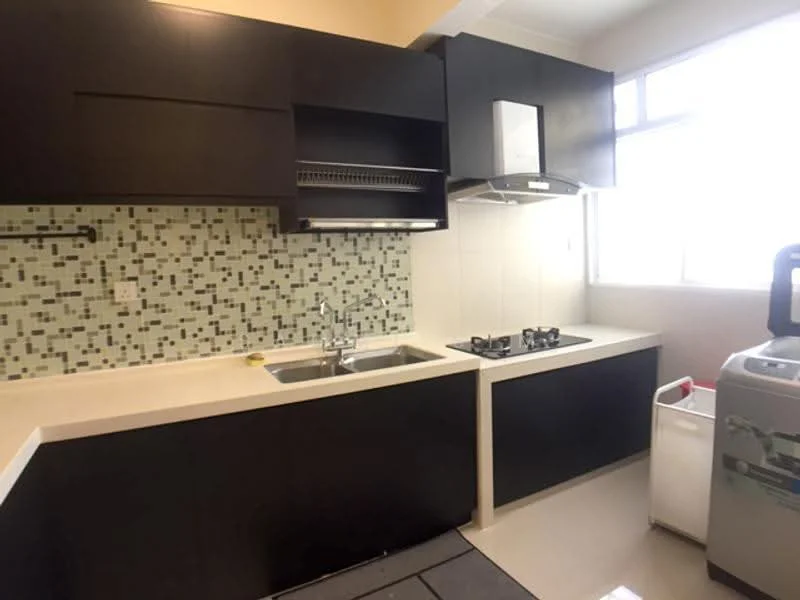 Kitchen features: black cabinetry, white countertop, single-bowl stainless-steel sink, chrome pull-down faucet, 4-burner gas hob, built-in range hood, mosaic tile backsplash with green and black accents, window for natural light, washing machine, floor tiles, open shelving; style: modern.