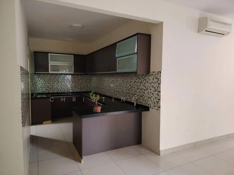 Kitchen features: black granite countertop, brown wooden cabinetry, glass-front upper cabinets, mosaic tile backsplash, single-bowl stainless-steel sink, chrome pull-down faucet, built-in oven, ceramic tile flooring, recessed downlights, wall-mounted split AC; style: modern.