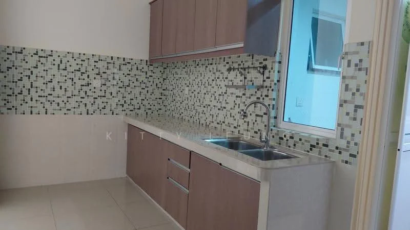 Kitchen features: brown wooden cabinetry, granite countertop, single-bowl stainless-steel sink, chrome pull-down faucet, mosaic tile backsplash with green and black accents, ceramic tile flooring, window with natural light, built-in microwave, recessed downlights; style: modern.