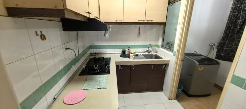Kitchen features: white tiled walls, brown cabinetry, double-bowl stainless-steel sink, chrome pull-down faucet, black gas stove with 4 burners, white countertop, pink round placemat, green backsplash, washing machine, tile flooring; style: modern.