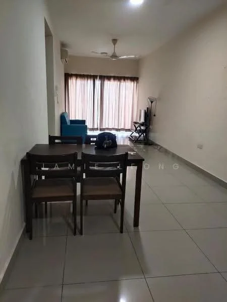 Living features: grey tiled flooring, white painted walls, ceiling fan, large sliding glass door, sheer curtains, blue fabric sofa, wooden dining table with 2 chairs, folding chair, TV console, wall-mounted TV; style: modern.