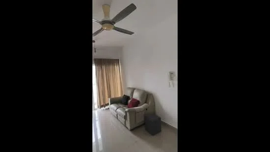Living features: 3-seater fabric sofa in light beige, red decorative cushion, grey side table, floor-to-ceiling windows with sheer curtains, cream painted walls, recessed downlights, 5-blade ceiling fan, glossy tile flooring; style: modern.