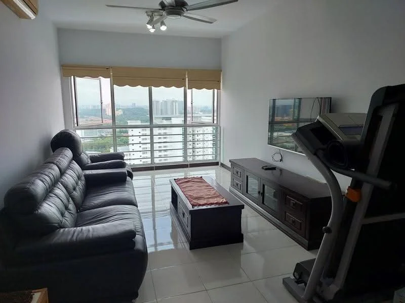 Living features: 3-seater leather sofa in black, 2-seater leather sofa in black, coffee table, TV console, wall-mounted TV, floor-to-ceiling windows, roller blinds, ceiling fan with light, white painted walls, glossy tile flooring; style: modern; view: city.