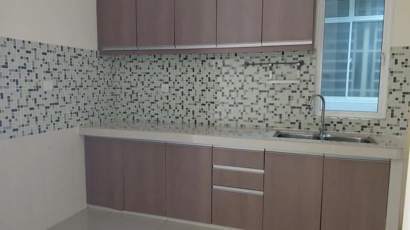 Kitchen features: brown wooden cabinetry, white quartz countertop, double-bowl stainless-steel sink, chrome pull-down faucet, mosaic tile backsplash with black and white patterns, ceramic tile flooring, window with metal frame, under-cabinet lighting; style: modern.