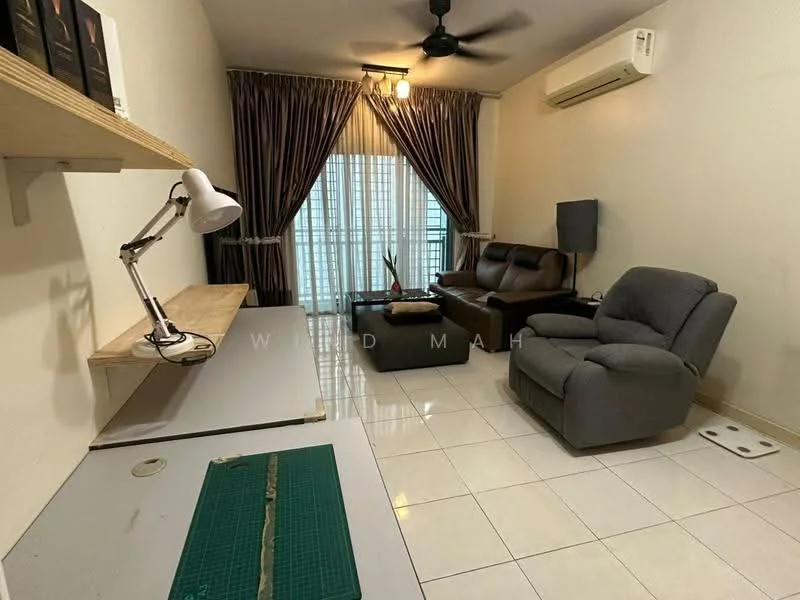 Living features: cream painted walls, white tiled flooring, 5-blade ceiling fan with light, sofa in brown leather, recliner chair in grey fabric, wooden shelf with lamp, curtains in dark brown, floor-to-ceiling windows, air conditioning unit on wall; style: modern; view: city.