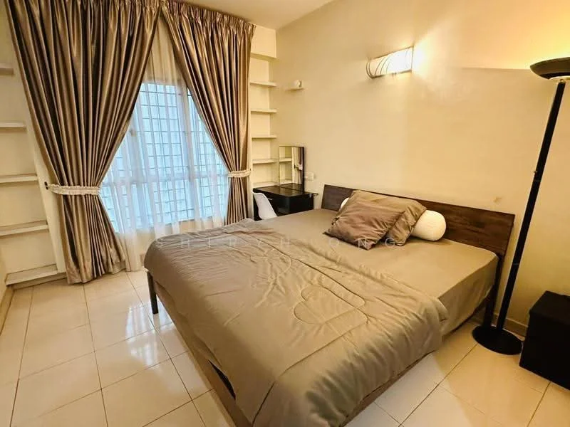 Bedroom features: queen-size bed with beige bedding, upholstered headboard, two bedside tables, floor lamp, built-in shelving unit, white sheer curtains, sliding glass door, tile flooring, wall-mounted light fixture, dressing table with mirror; style: modern.